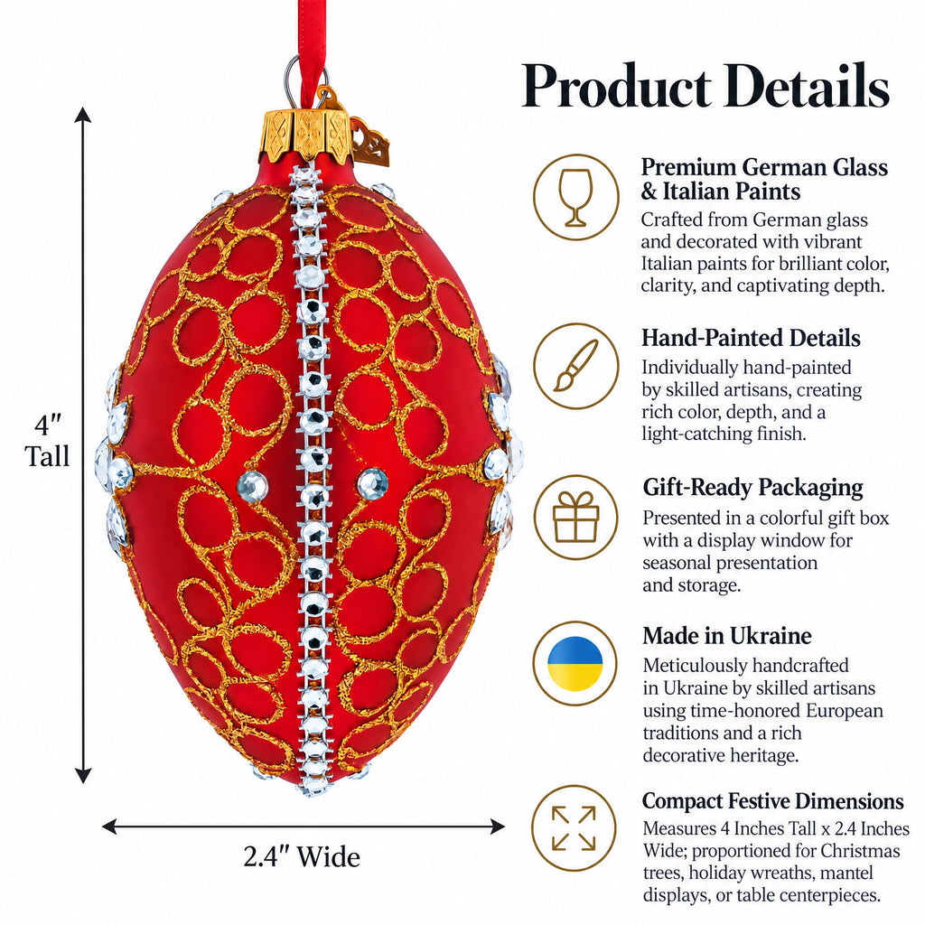 Diamond Star Red Glass Egg Christmas Ornament 4 Inches