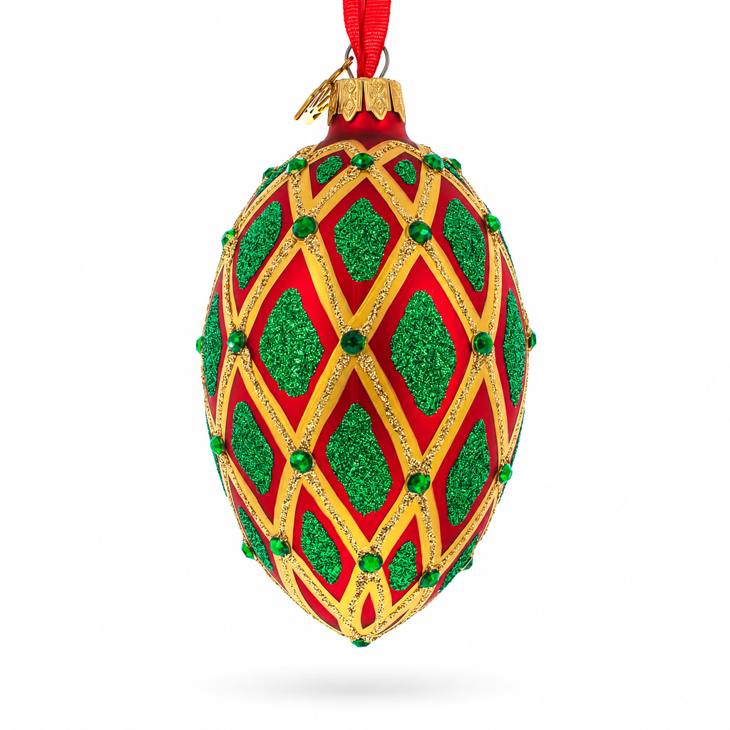 Jeweled Green IKAT on Red Glass Egg Christmas Ornament 4 Inches