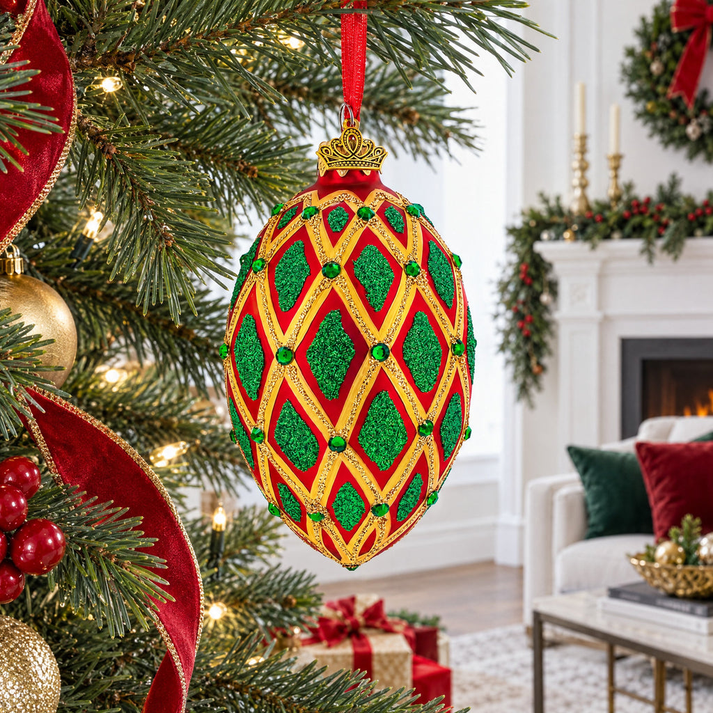 Jeweled Green IKAT on Red Glass Egg Christmas Ornament 4 Inches