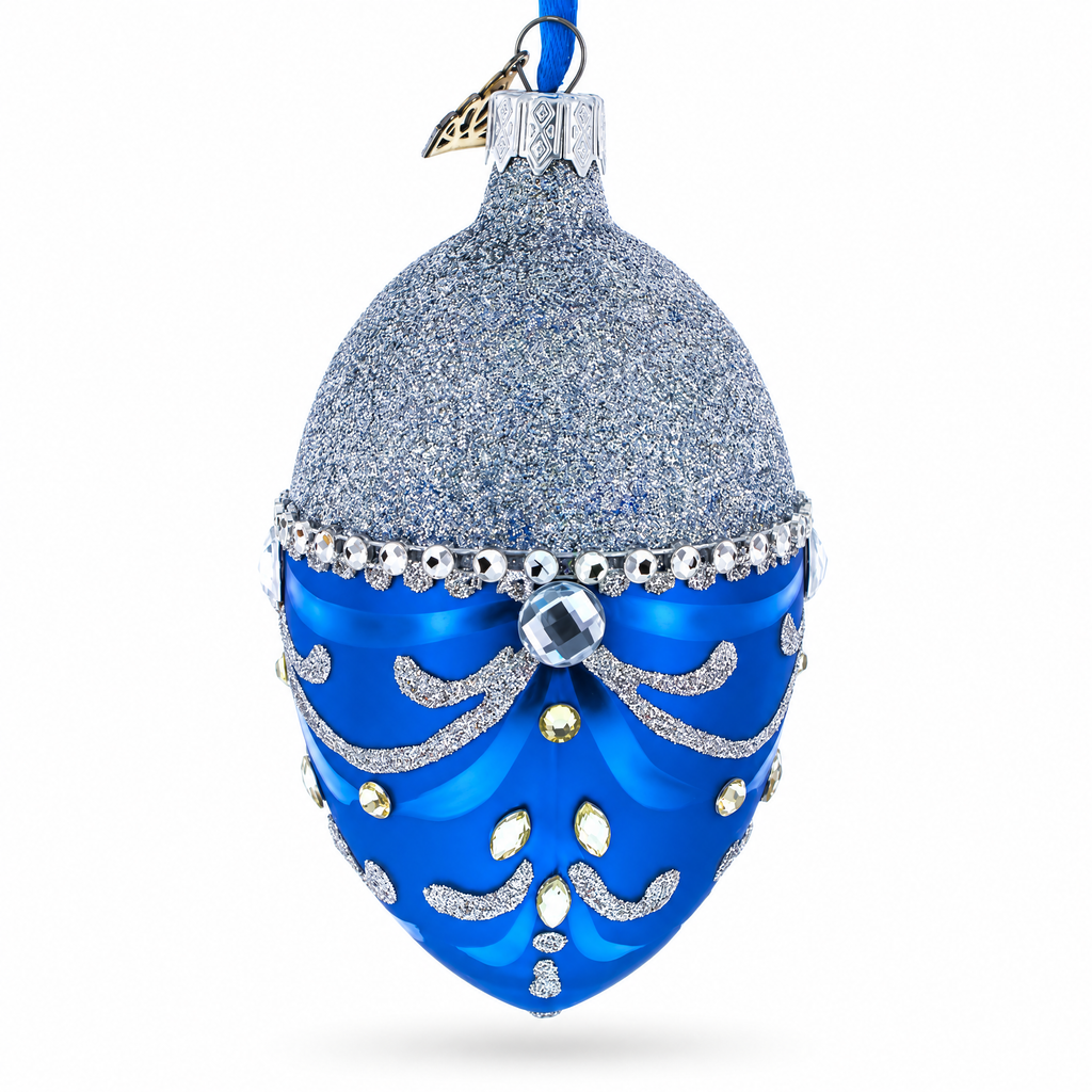 Glittered Silver Top Blue Bottom Glass Egg Christmas Ornament 4 Inches
