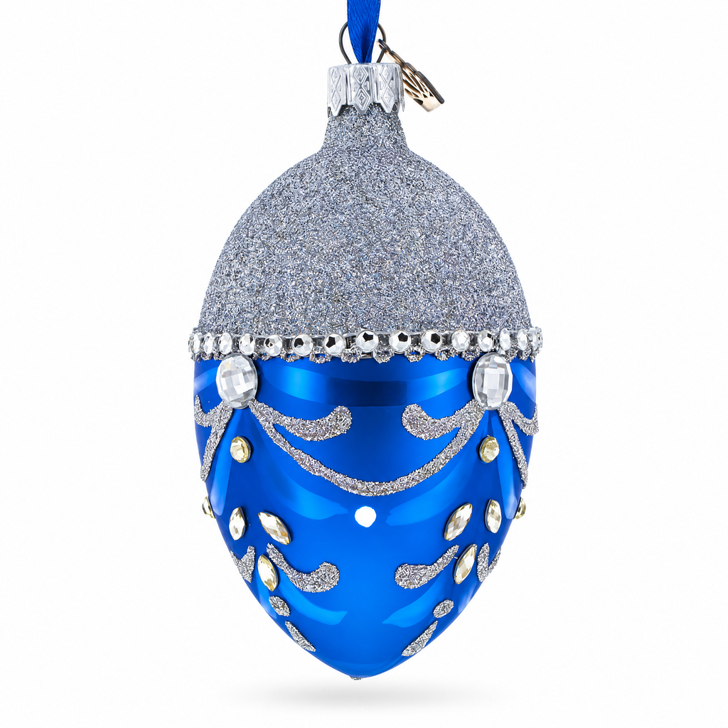 Glittered Silver Top Blue Bottom Glass Egg Christmas Ornament 4 Inches