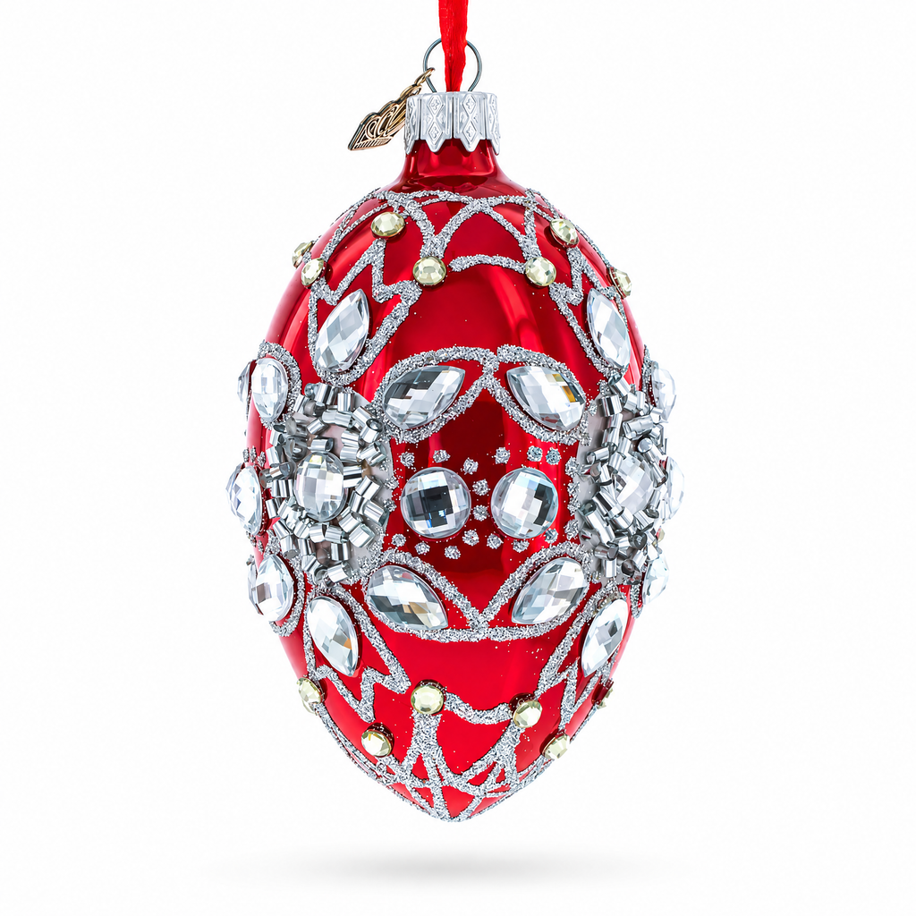 Diamond Star on Red Glass Egg Christmas Ornament 4 Inches