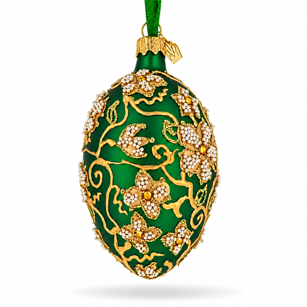 Green Jeweled Glitter Scrollwork Glass Egg Christmas Ornament