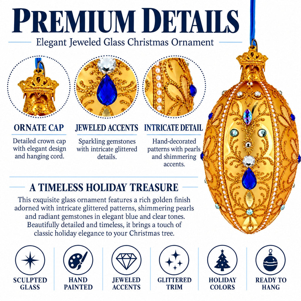 Gold Jeweled Scrollwork Glass Egg Christmas Ornament