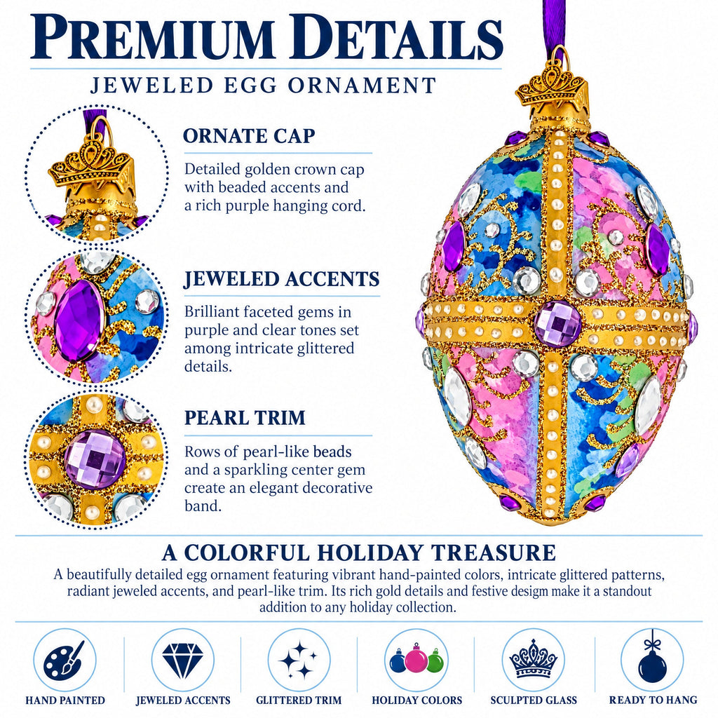Blue and Purple Jeweled Glitter Scrollwork Glass Egg Christmas Ornament