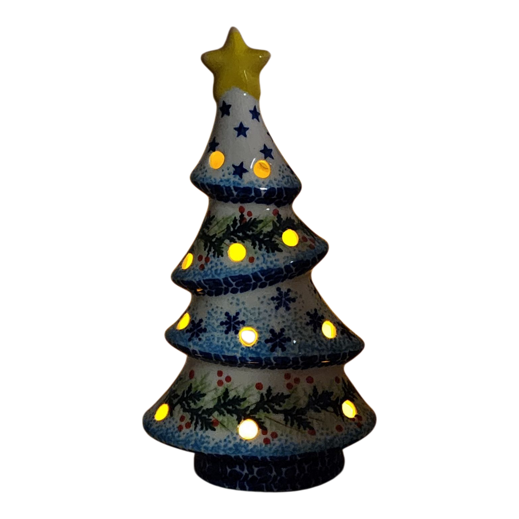 Polish Pottery Christmas Tree Luminary - Winter Wonderland Pattern