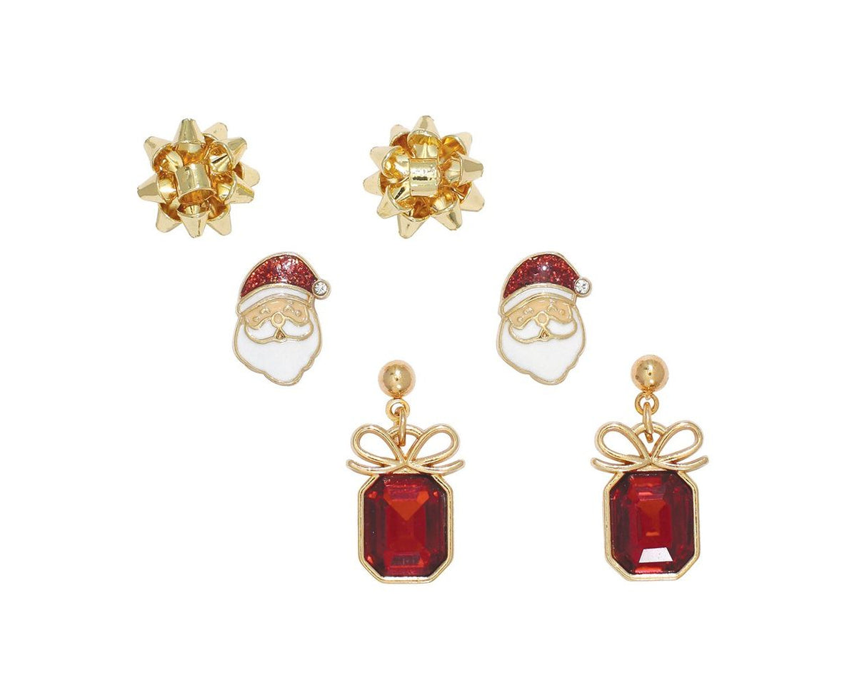 Elegant Gold Bows, Santas, and Crystal Gifts Trio Earrings