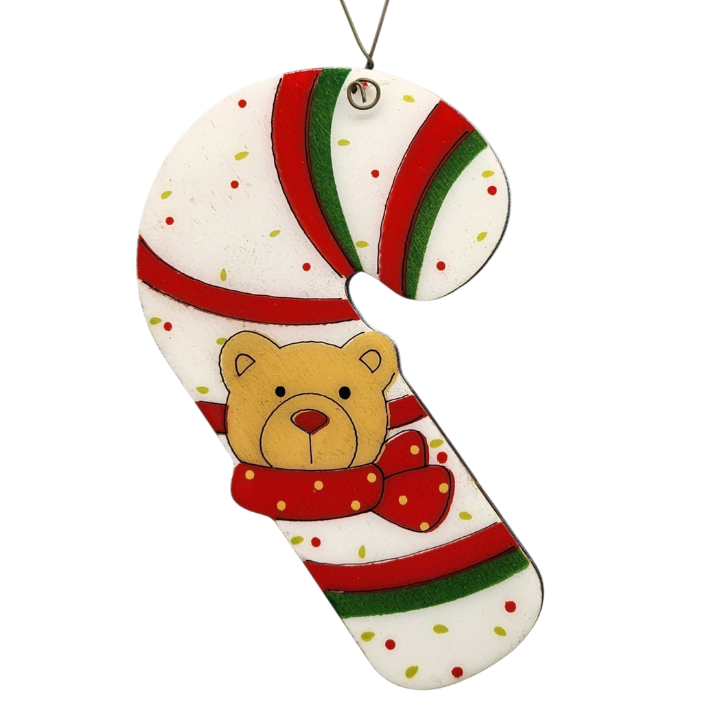 Holiday Bear Candy Cane Wooden Ornament
