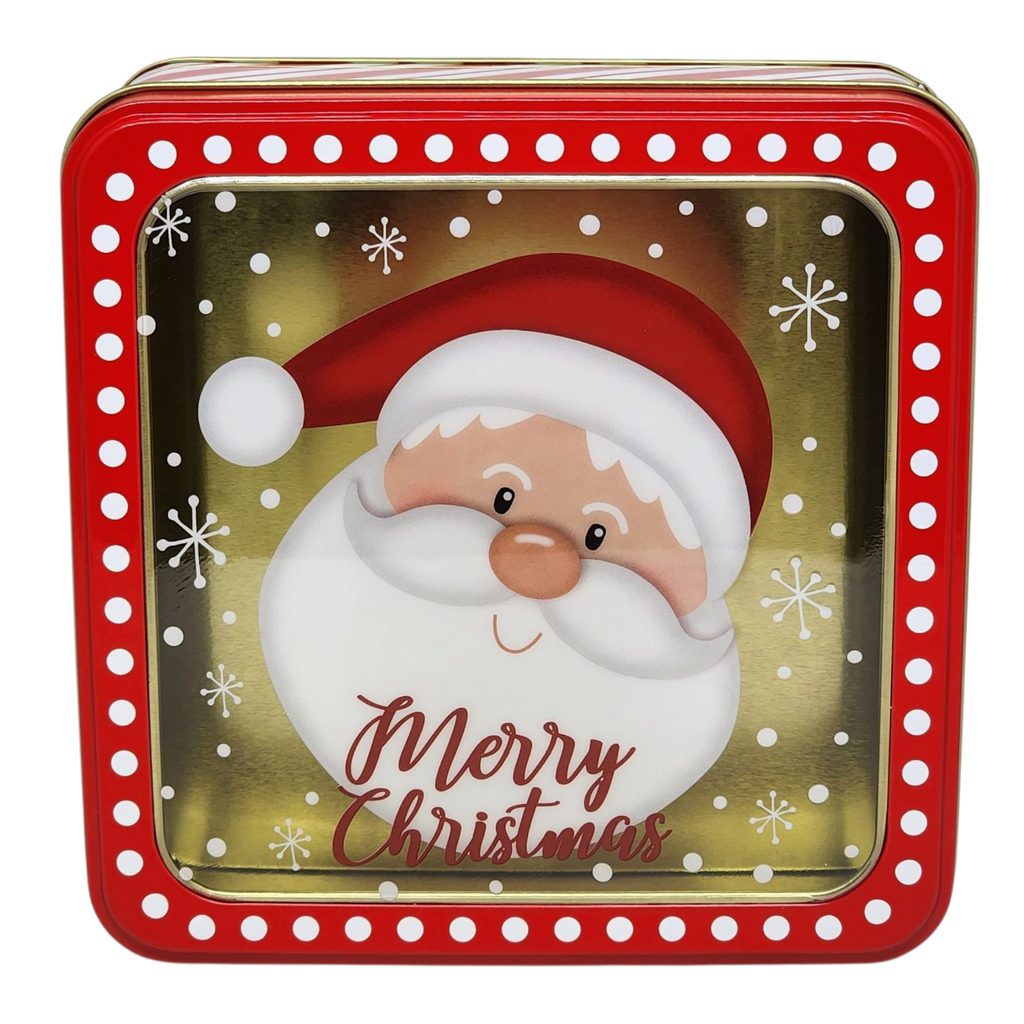 Square Cookie Tin with Window - Merry Christmas Santa Face