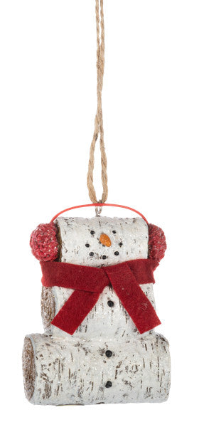 Snowman with Birch Log Ornament -