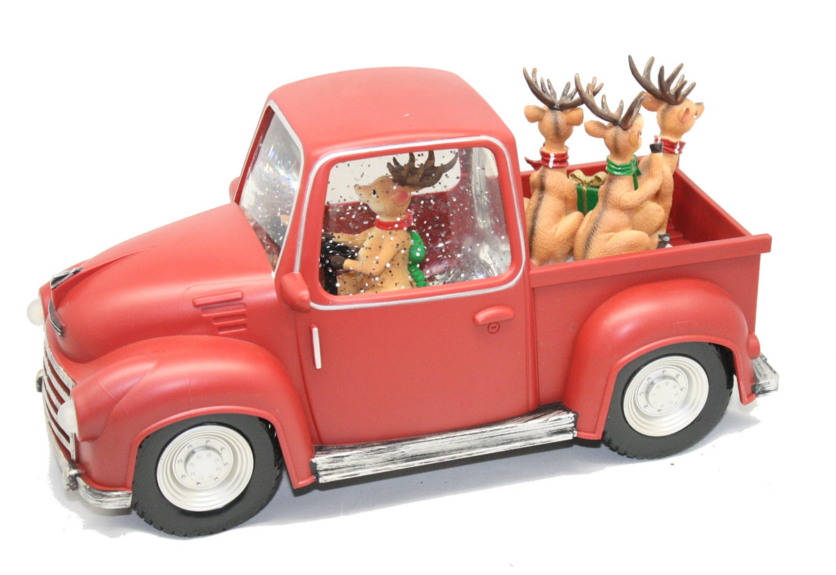 Lighted Reindeer Pickup Truck Waterglobe with Working Headlights