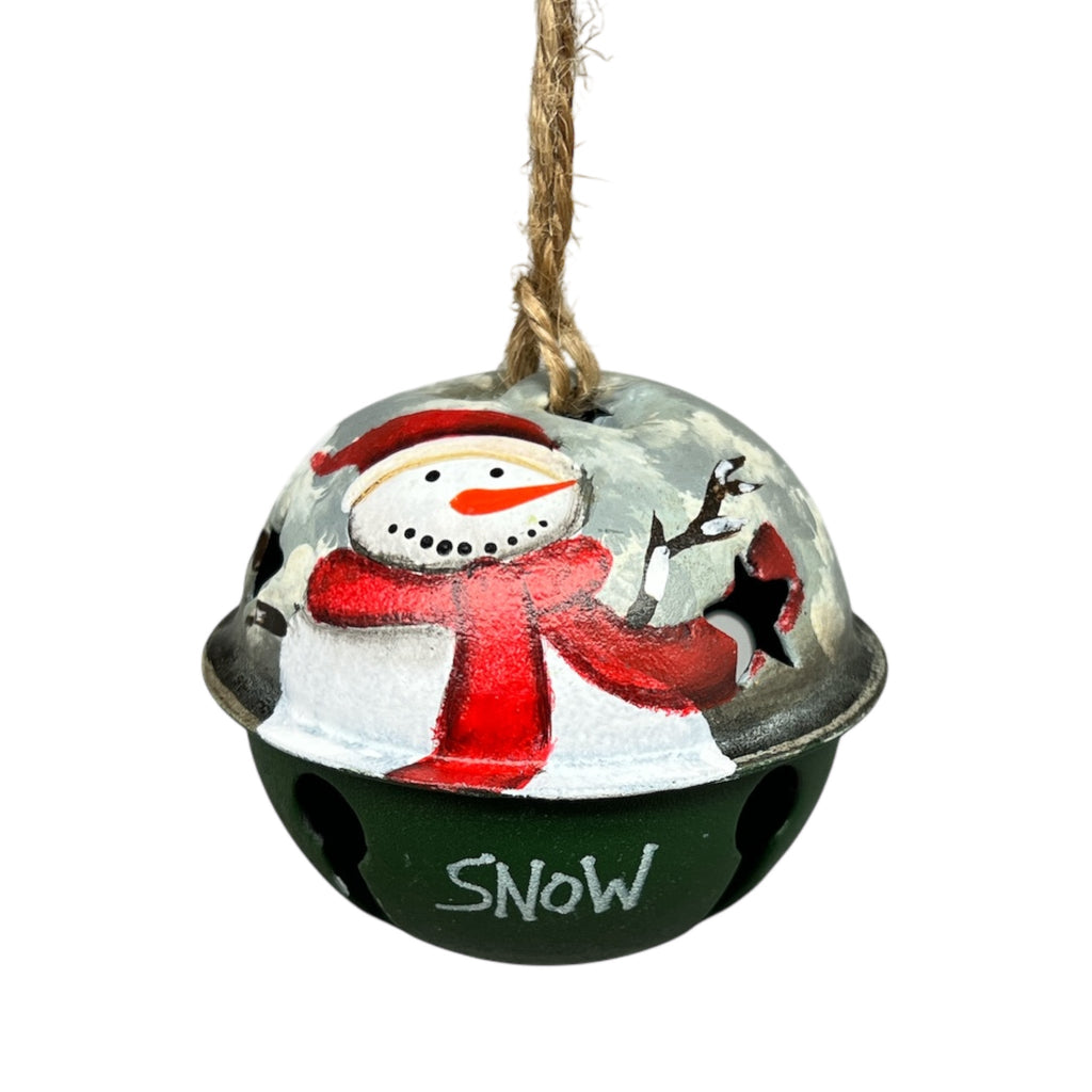 Metal Rustic Bell Ornament - Snowman in Santa Hat