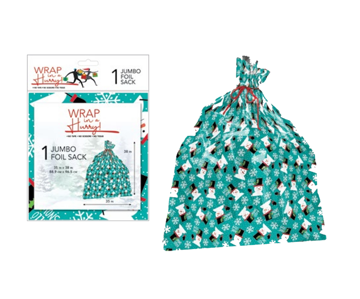 Wrap In A Hurry Jumbo Prismatic Foil Sack - Snowman
