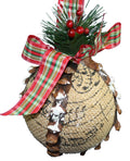 Burlap Ball Holiday Ornament - Red Green and Gold Ribbon