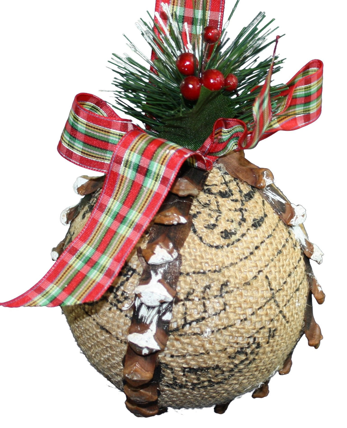 Burlap Ball Holiday Ornament - Red Green and Gold Ribbon
