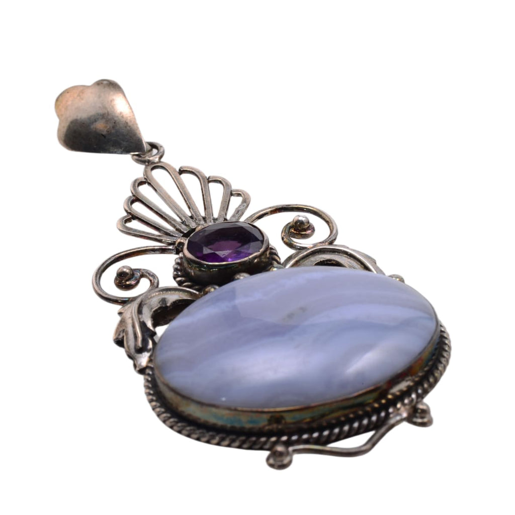 Sterling Silver Blue Lace Agate & Amethyst Statement Pendant - Large Ornate Filigree Design