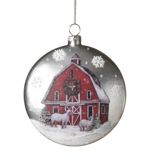 Glass Holiday Barn Disk Ornament - Sheep