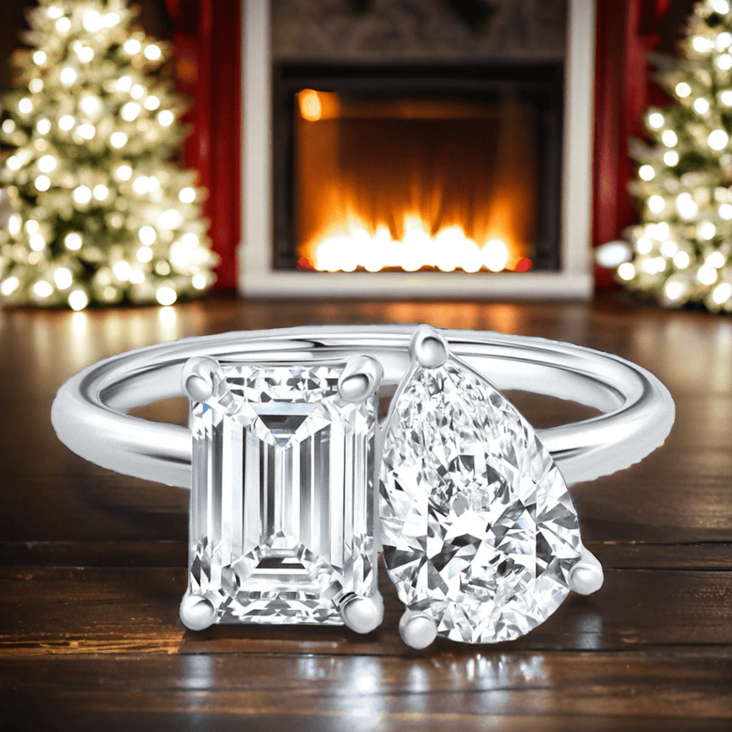 AGI Certified 3.50 CTW Toi Et Moi Lab Grown Diamond Ring in Pear & Emerald Cut 14K White Gold
