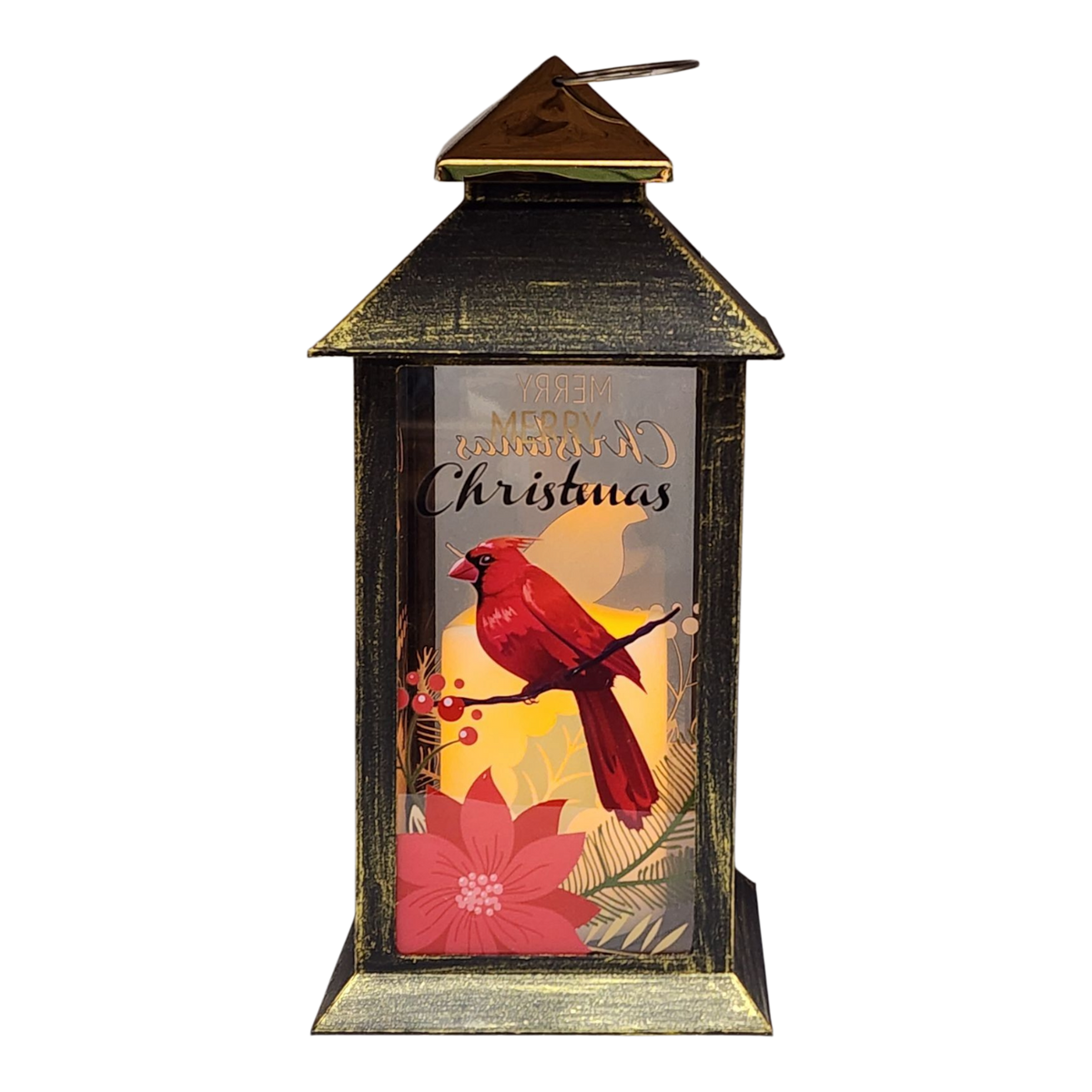 Christmas Cardinal Lantern with LED Candle - Merry Christmas