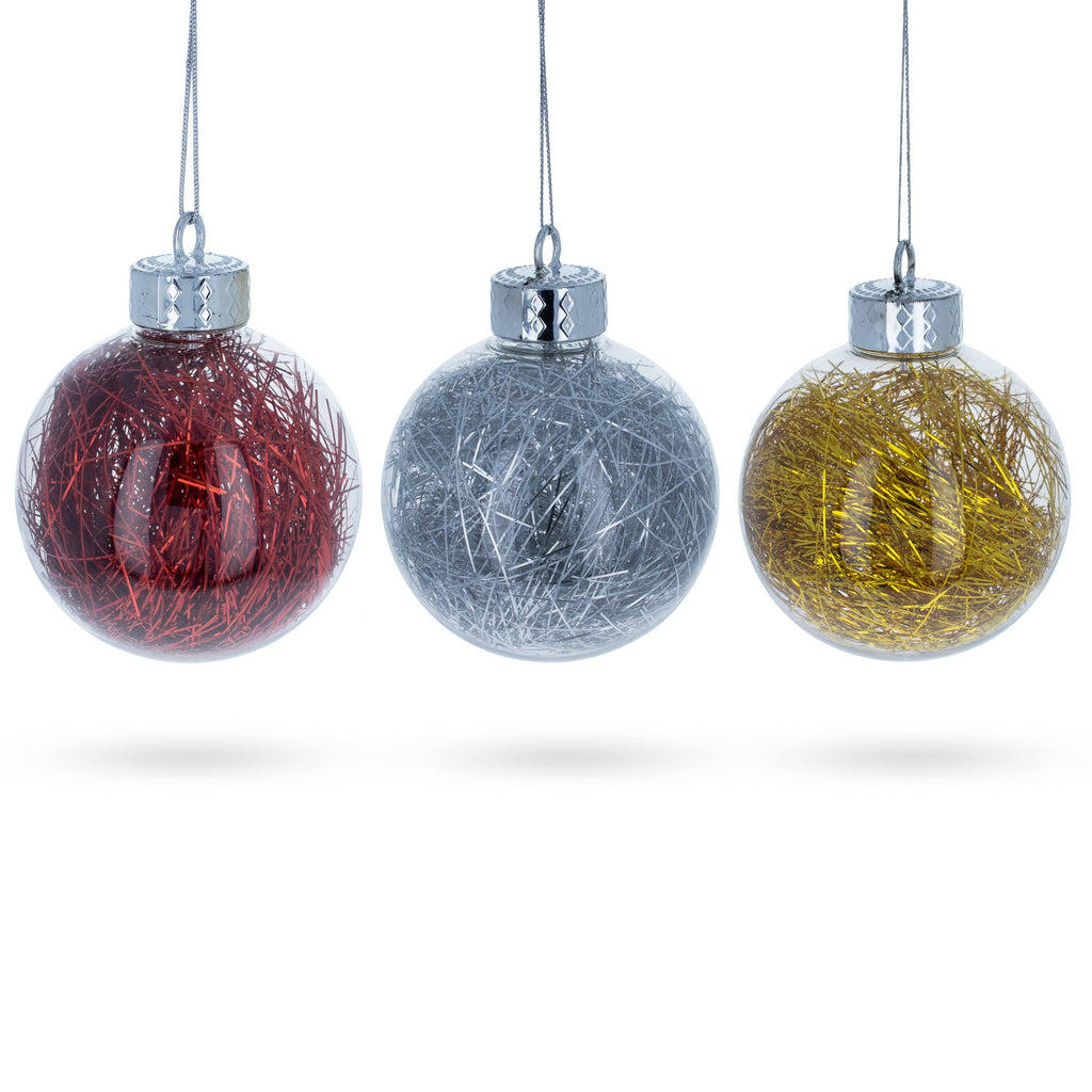 Set of 3 Filled Colorful Clear Plastic Christmas Ornaments 4 Inches