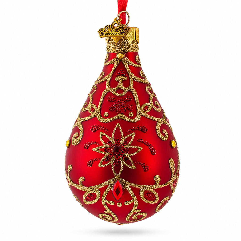 Golden Flowers on Red Waterdrop Finial Glass Christmas Ornament