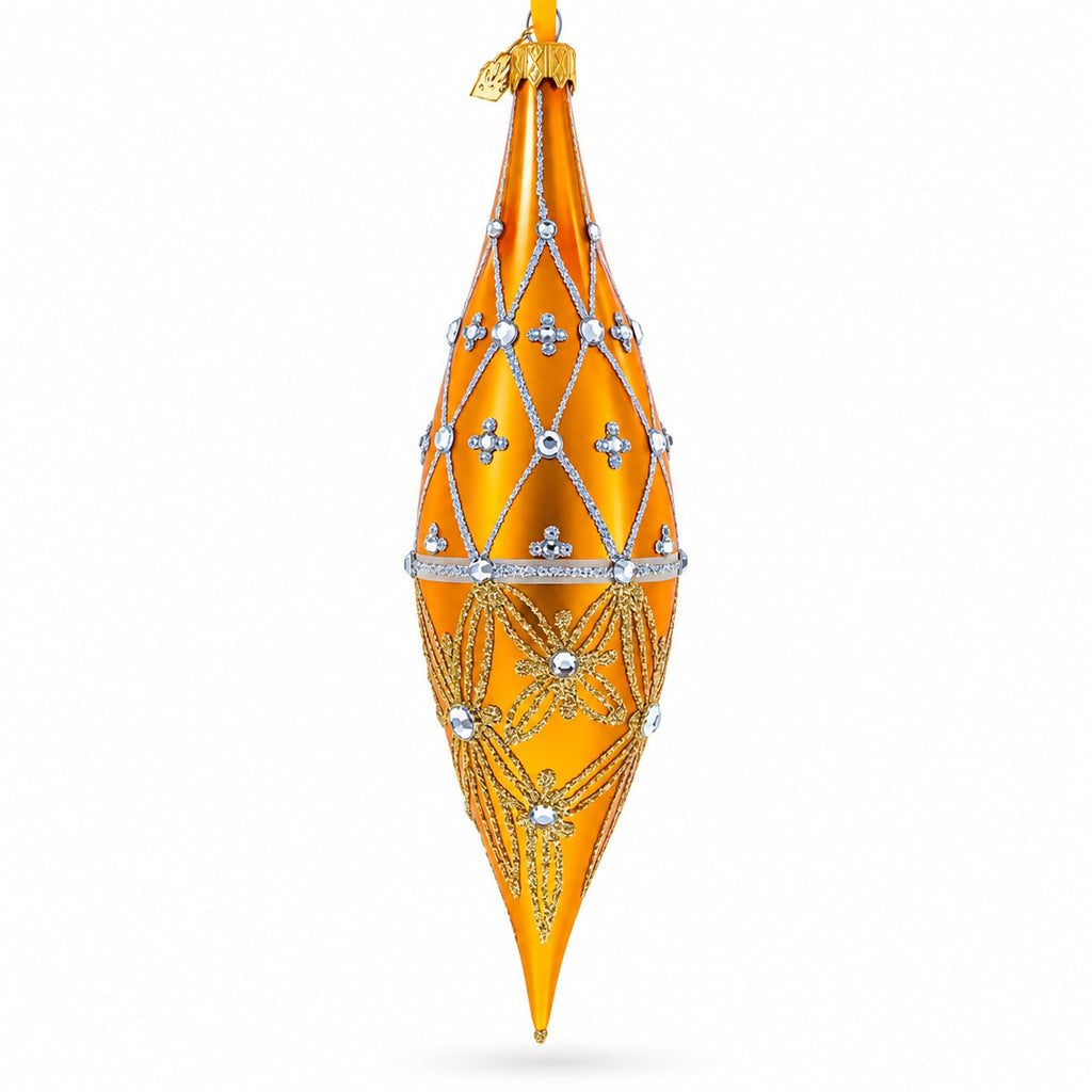 Golden Lattice and Floral Pattern Jeweled Elongated Pointed Teardrop Finial Glass Christmas Ornament
