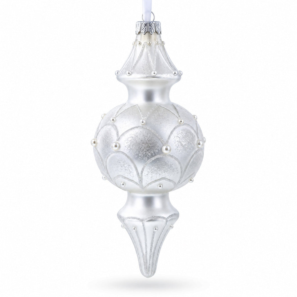 Snowy Pearl Double-Ended Finial Drop Glass Christmas Ornament