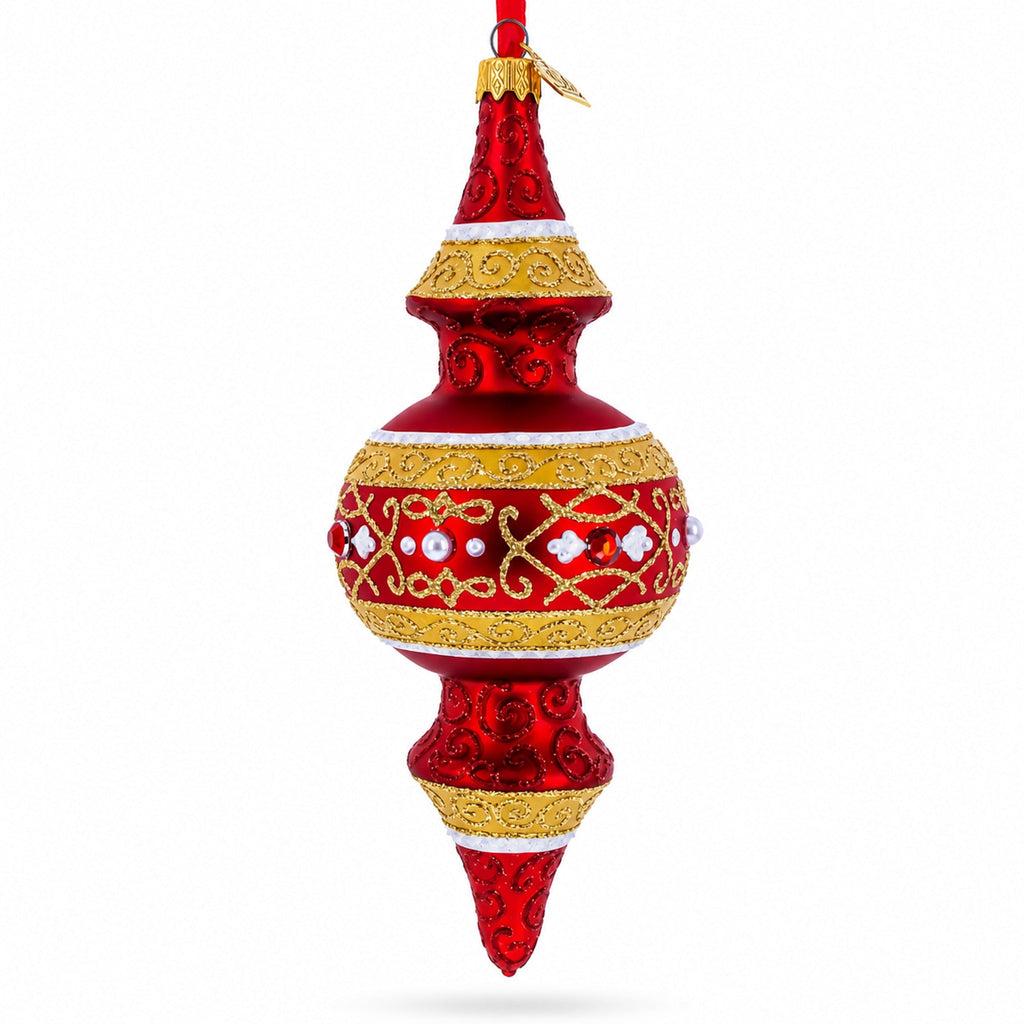 Golden Scroll & Pearl Trim Double-Ended Finial Drop Glass Christmas Ornament