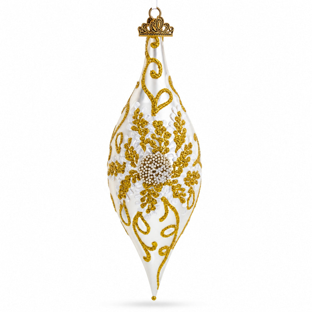 Ivory & Gold Pearl Embossed Elongated Pointed Teardrop Finial Glass Christmas Ornament