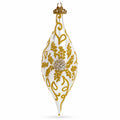 Ivory & Gold Pearl Embossed Elongated Pointed Teardrop Finial Glass Christmas Ornament