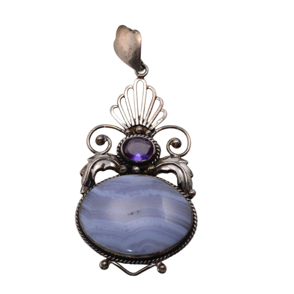 Sterling Silver Blue Lace Agate & Amethyst Statement Pendant - Large Ornate Filigree Design