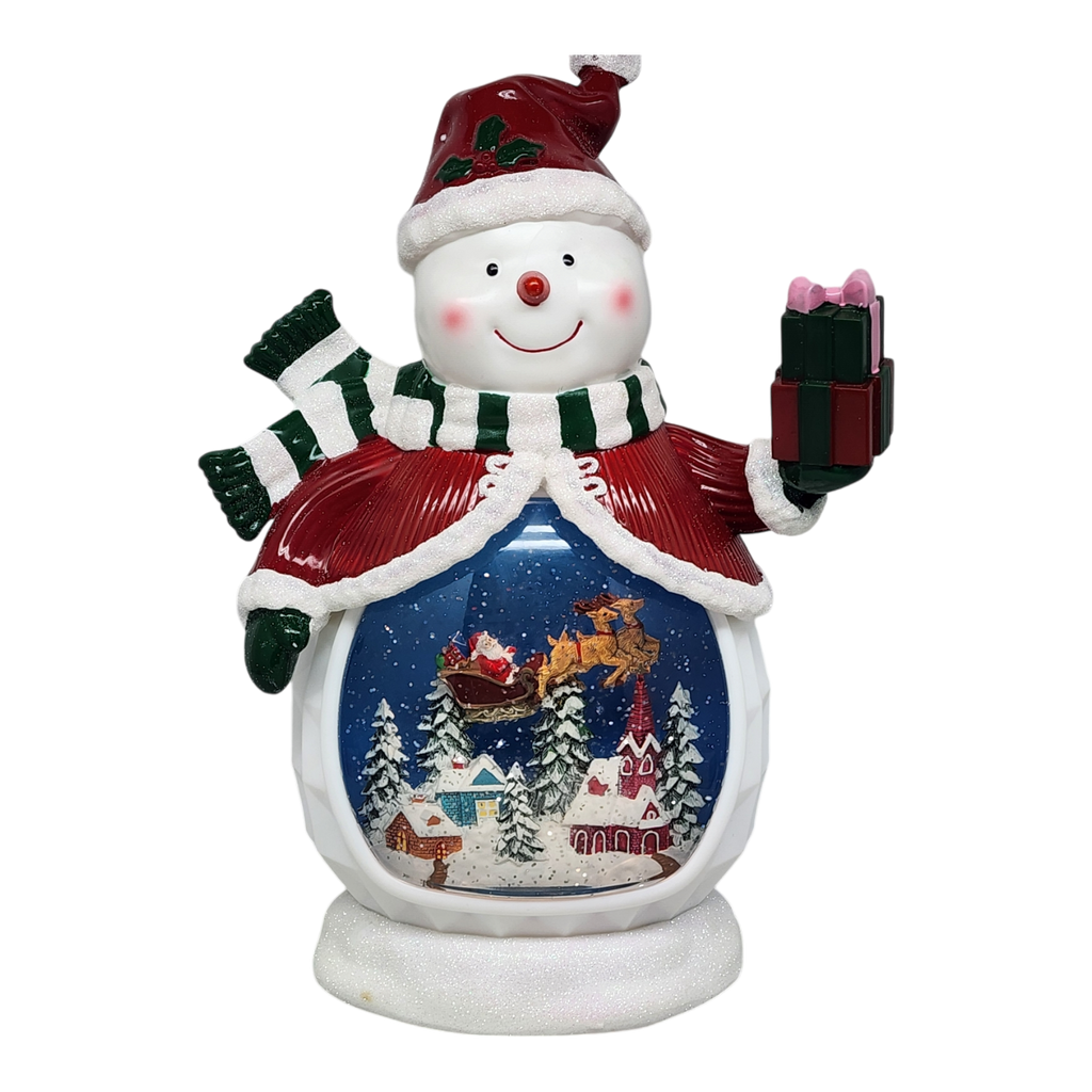 B/O Lighted Musical Spinning Water Globe Snowman with Holiday Scene Red Coat