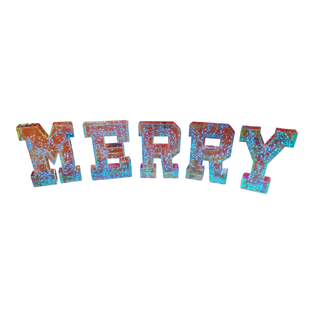 Lighted Holographic Holiday "MERRY" Decor with Remote Control - 10 Inch tall