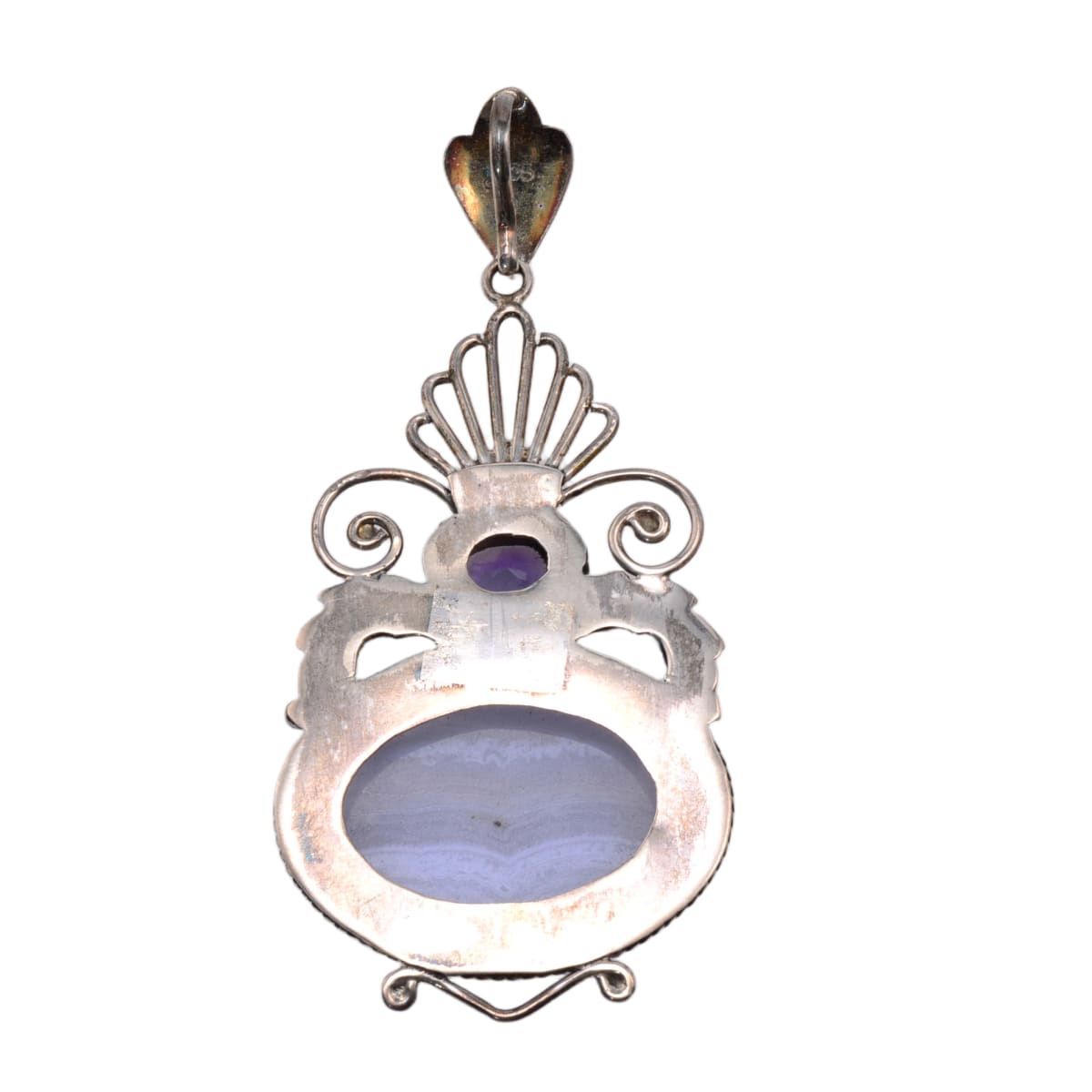 Sterling Silver Blue Lace Agate & Amethyst Statement Pendant - Large Ornate Filigree Design