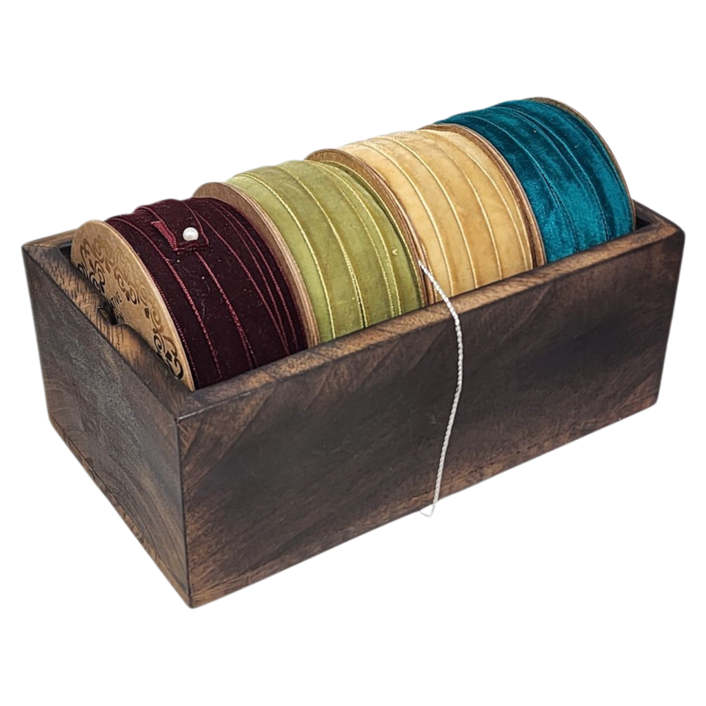 Holiday Velvet Ribbon Set in Mango Wood Box