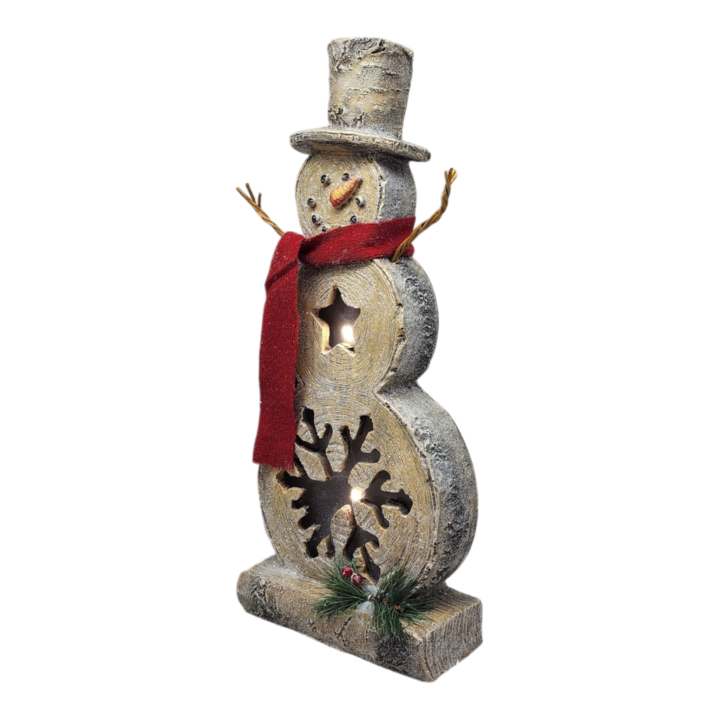 Lighted Log-Style Snowman Figurine - Star