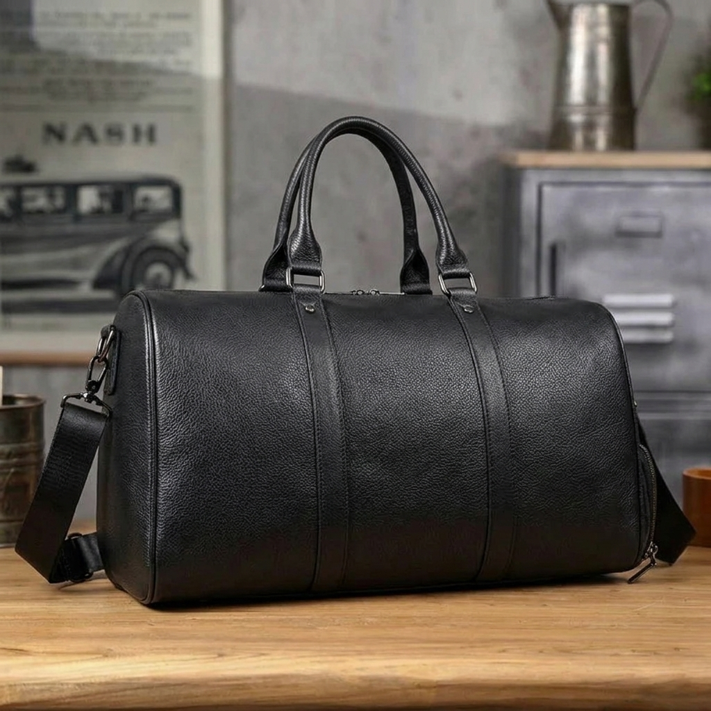 Full Grain Leather Duffle Bag With Shoes Compartment Casual Leather Travel Bag Mens Leather Weekender Bag