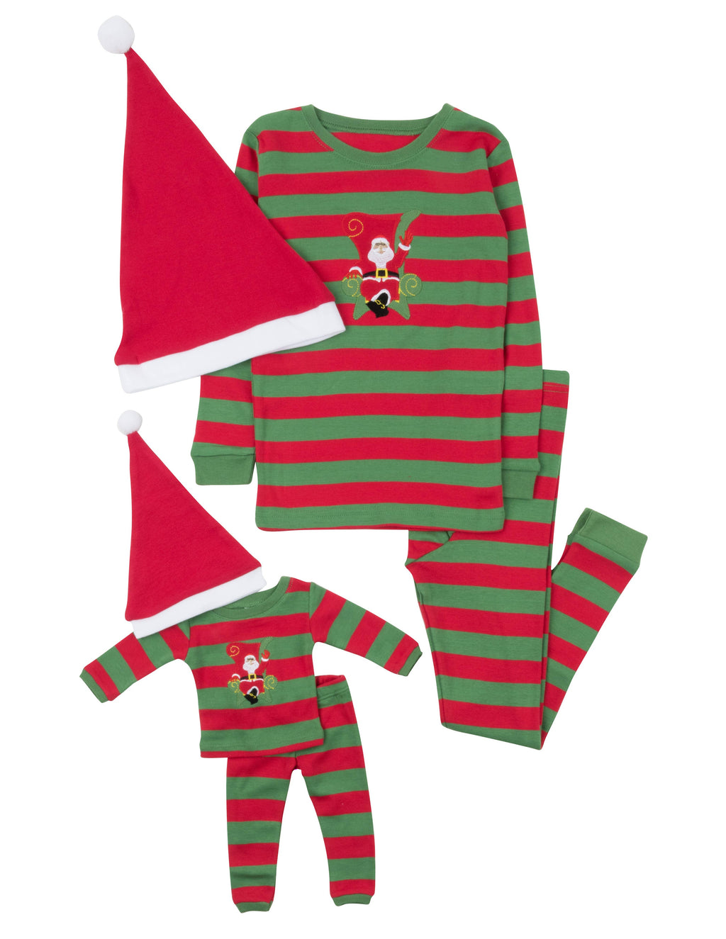 Girl And Doll Cotton Santa Red And Green Stripes With Hat Pajama -