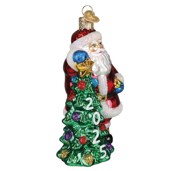 2025 Santa With Tree Glass Ornament