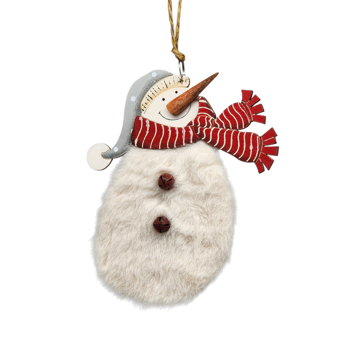 Wood and Fur Snowman Ornament - Grey Snow Hat