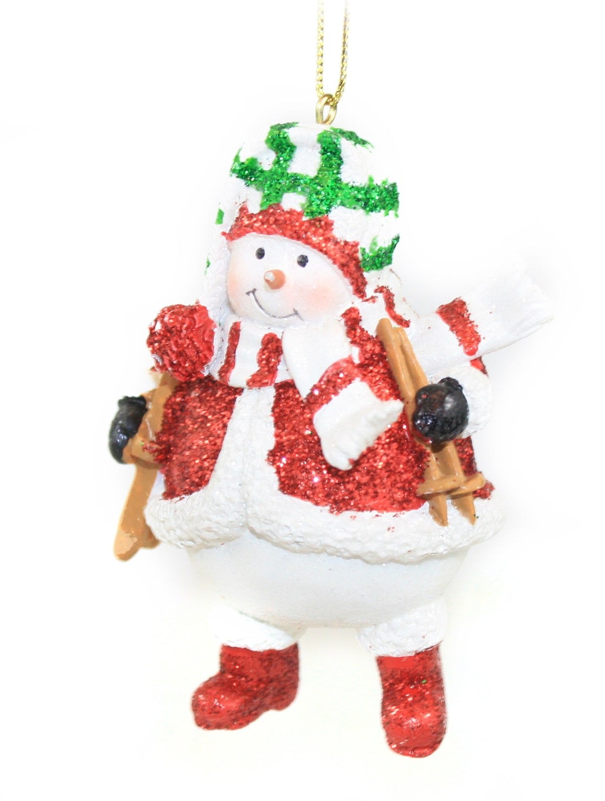 Red/Green Glittered Snowman Ornament - Skis