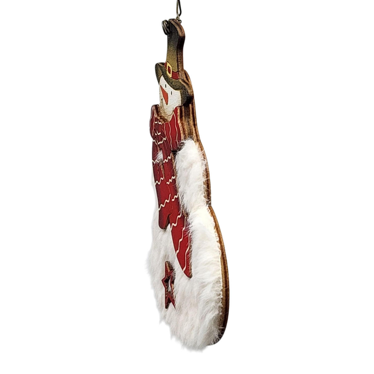 Fuzzy Wooden Snowman Ornament - 5 Inches