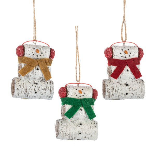 Snowman with Birch Log Ornament -