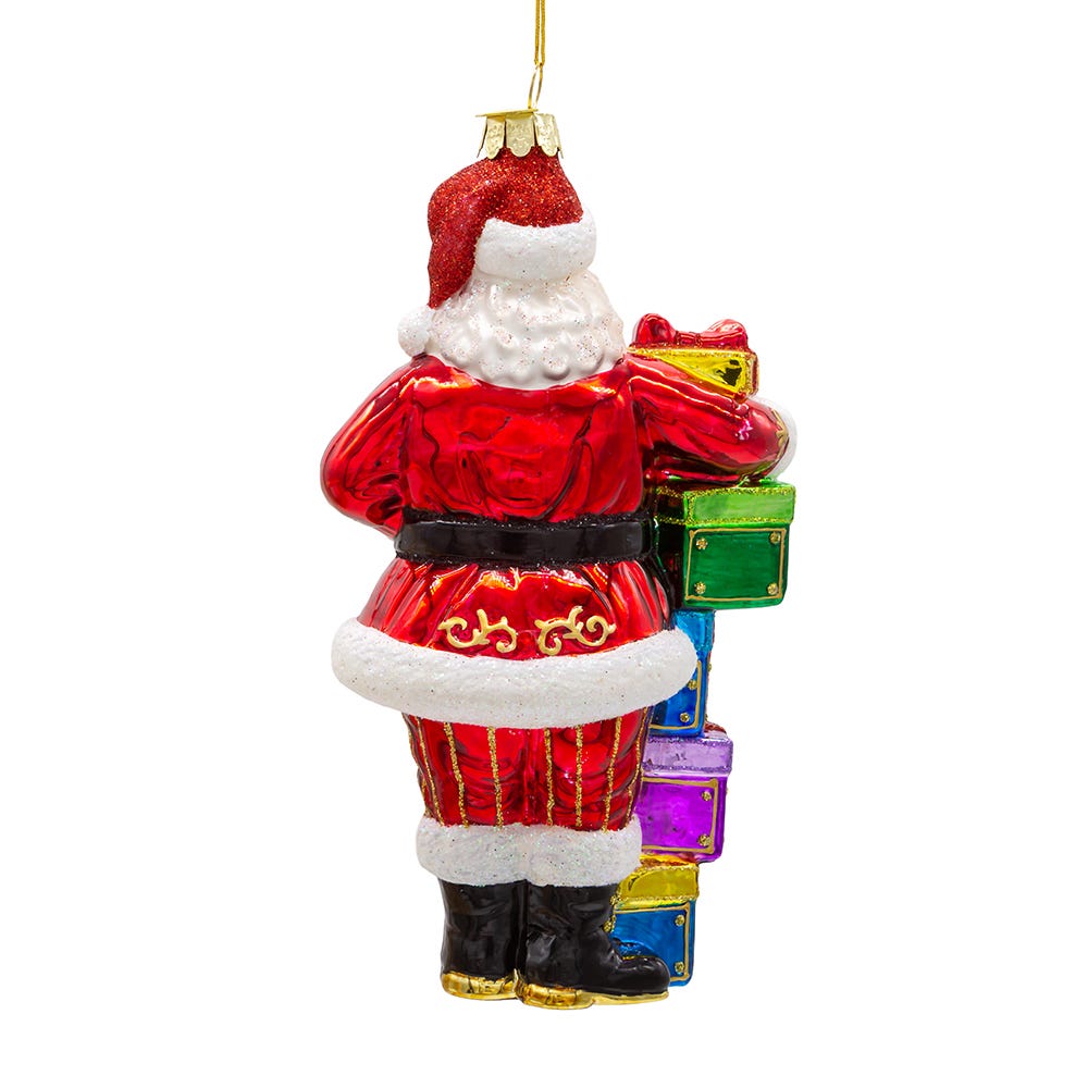 Bellissimo Glass Santa With Gift Boxes Ornament
