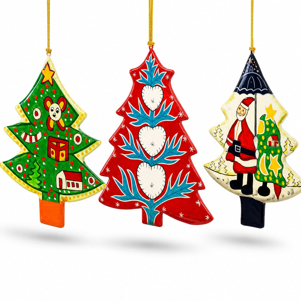 Set of 3 Colorful Holiday Trees with Santa and Hearts Wooden Christmas Ornaments