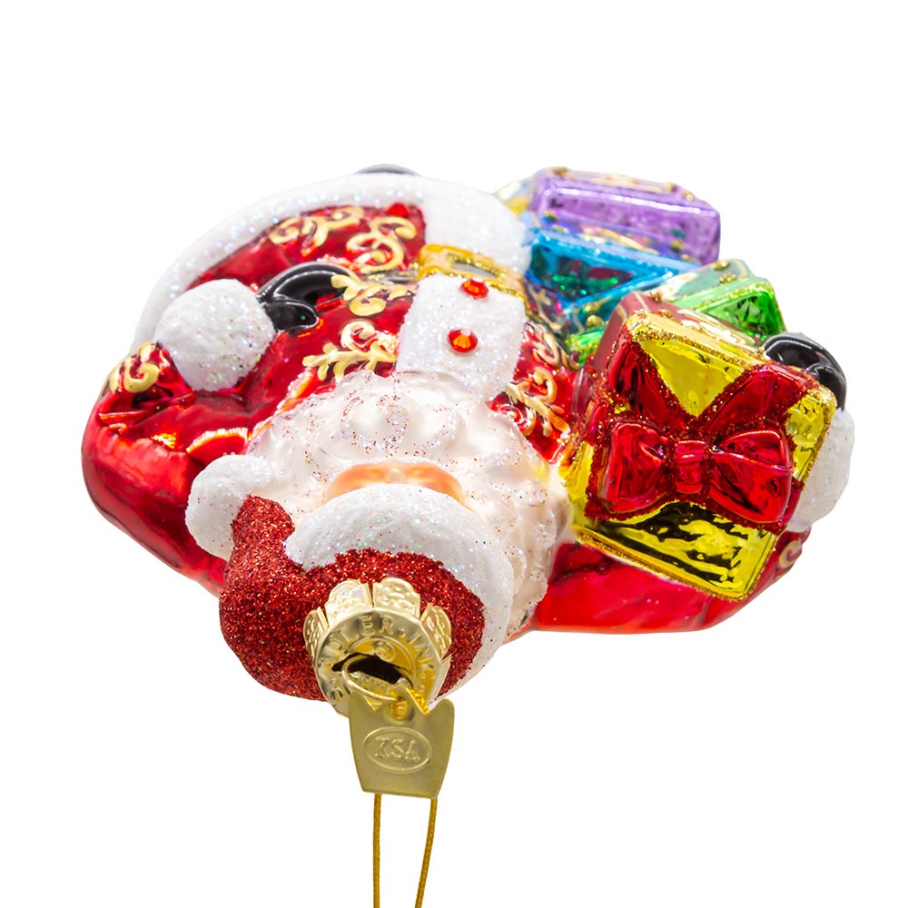 Bellissimo Glass Santa With Gift Boxes Ornament