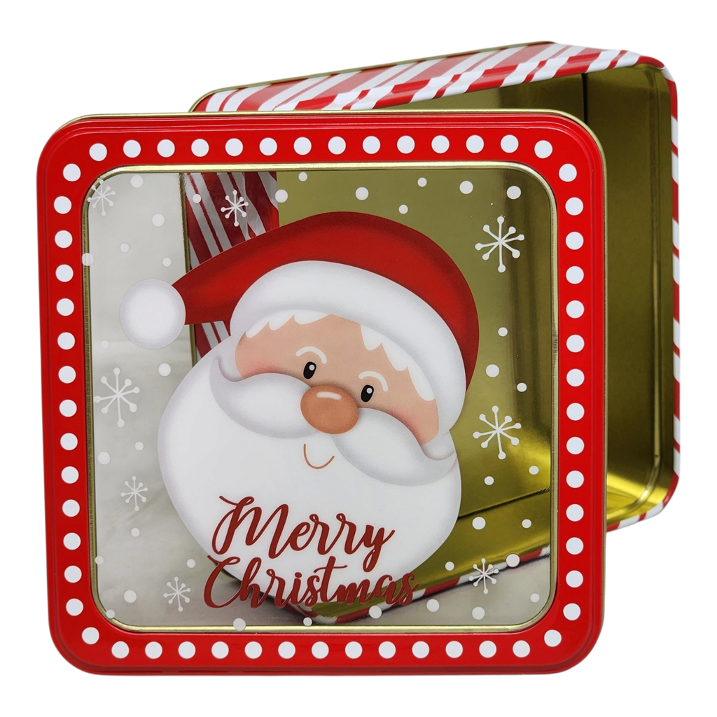 Square Cookie Tin with Window - Merry Christmas Santa Face
